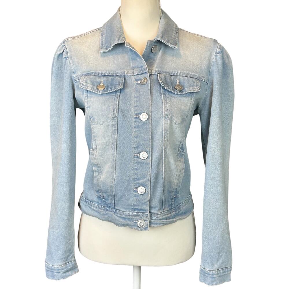 Baccini Jacket Women Petite Sz PS Light Blue Wash Cropped Ruched Shoulders Denim